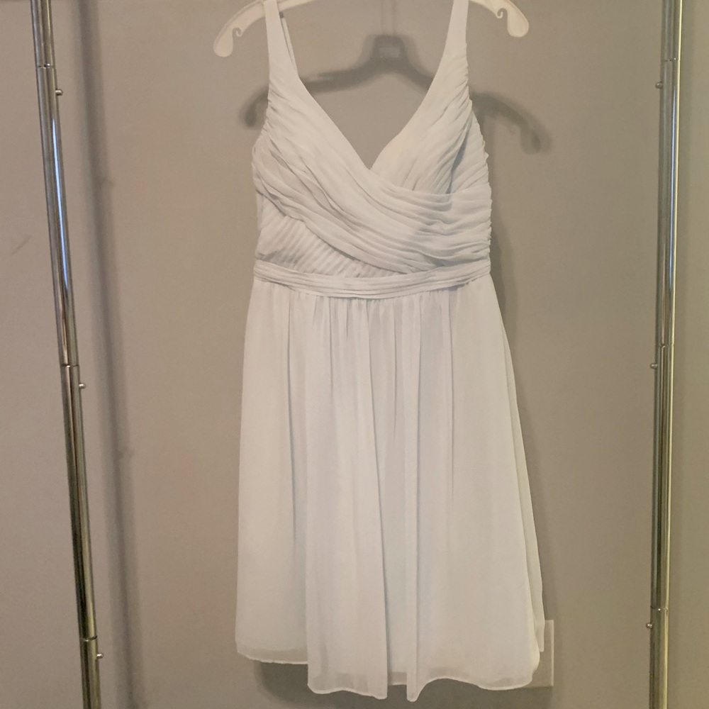 David’s Bridal bridesmaid dress, size 8. Knee length. Light blue.